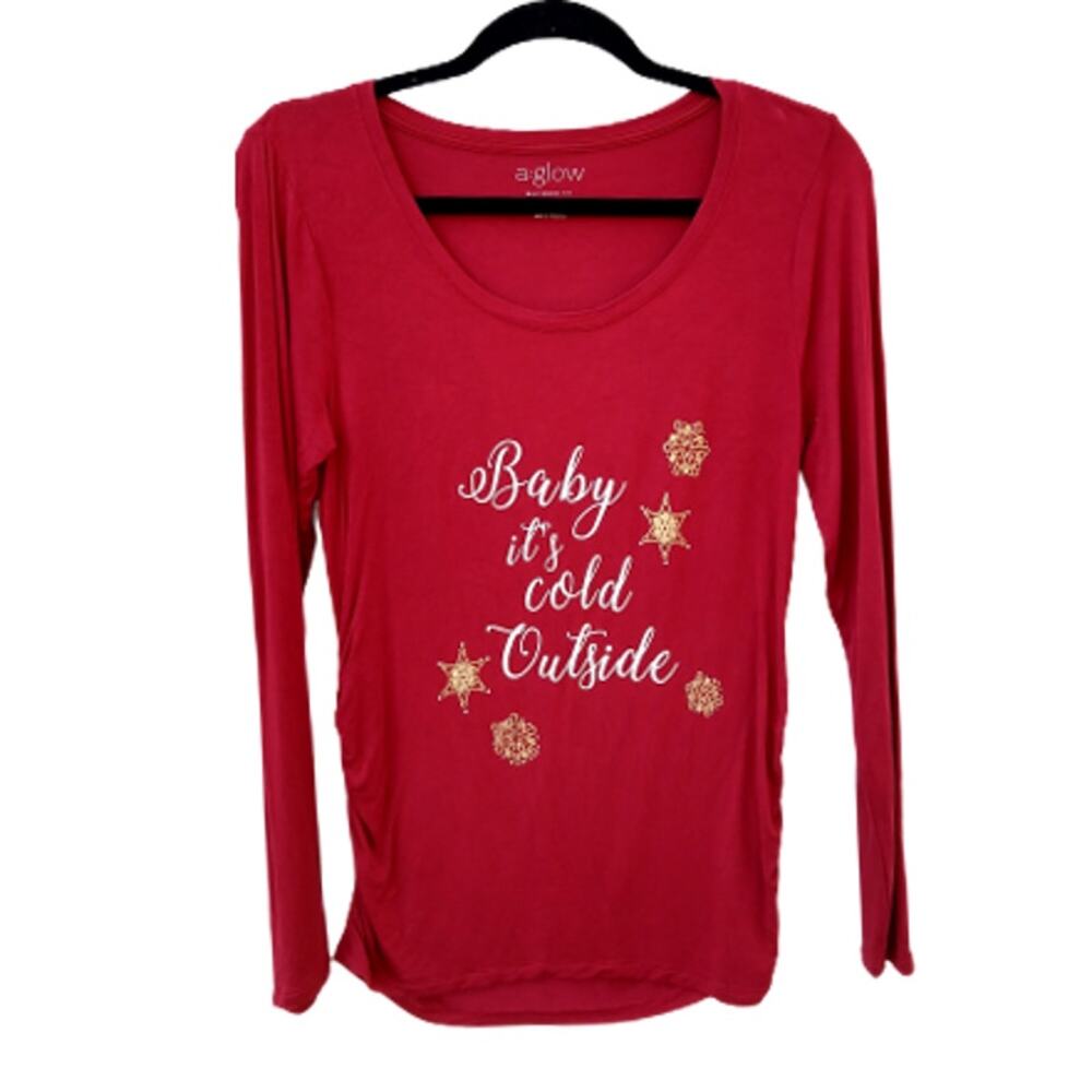 Maternity T Shirt  "Baby it's cold outside" Small Red Long Sleeves a:glow Brand